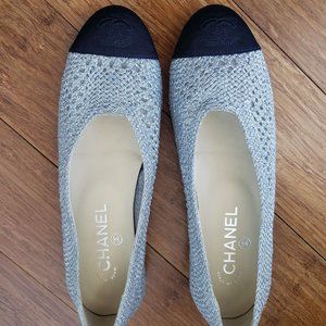CHANEL SILVER/BLACK Mesh Fabric Ballet Flats